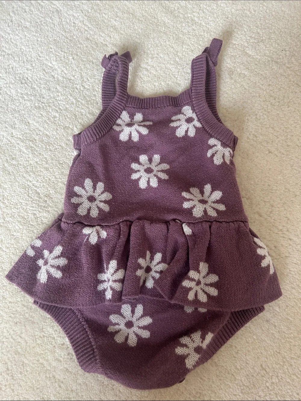 Plum Daisy Knit Baby Romper Dress with Ruffle Skirt